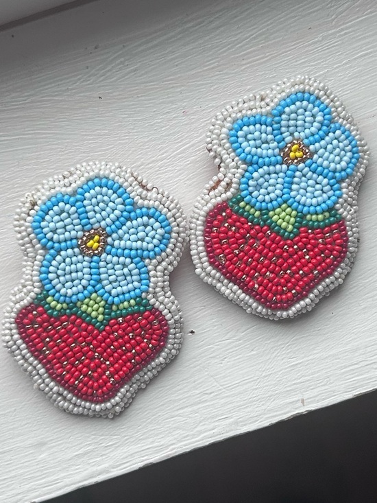 Hand Crafted Jewelry - Handmade Beaded Floral Strawberry Earrings - Blue & Red